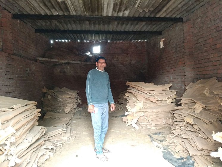 Left: Bharat Bhushan standing in the godown of his workplace, Shobhapur Tanners Cooperative Society Limited .