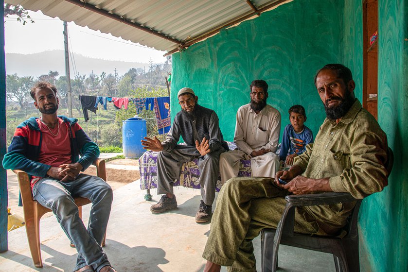 Left: (From left to right) Altaf Hussain, Munabbar Ali, Haneef Soud and Mohammad Talib live in a temporary Bakarwal settlement in Baira Kupai village.