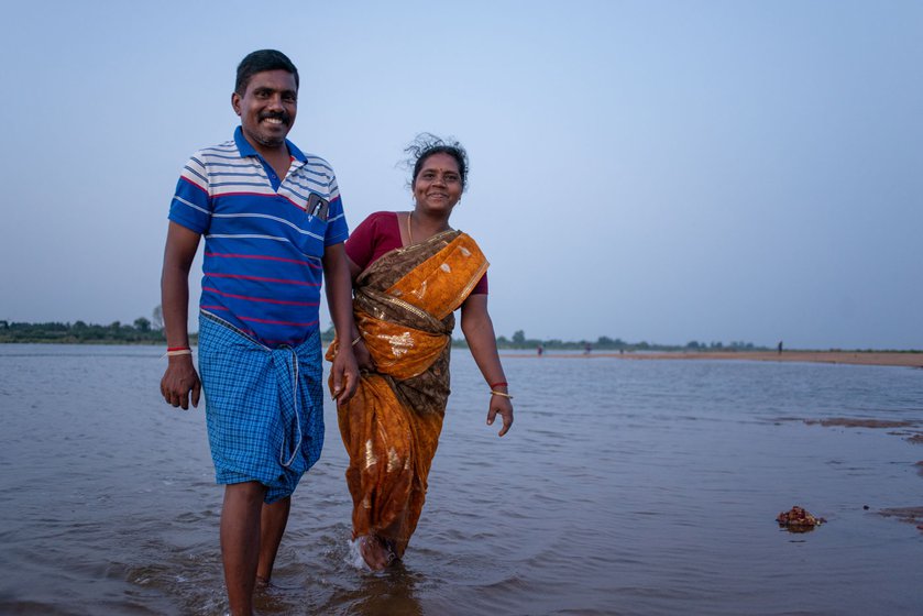 Vadivelan and Priya (left) on the banks of Kollidam river at sunset, 10 minutes from their sesame fields (right) in Tiruchirappalli district of Tamil Nadu
