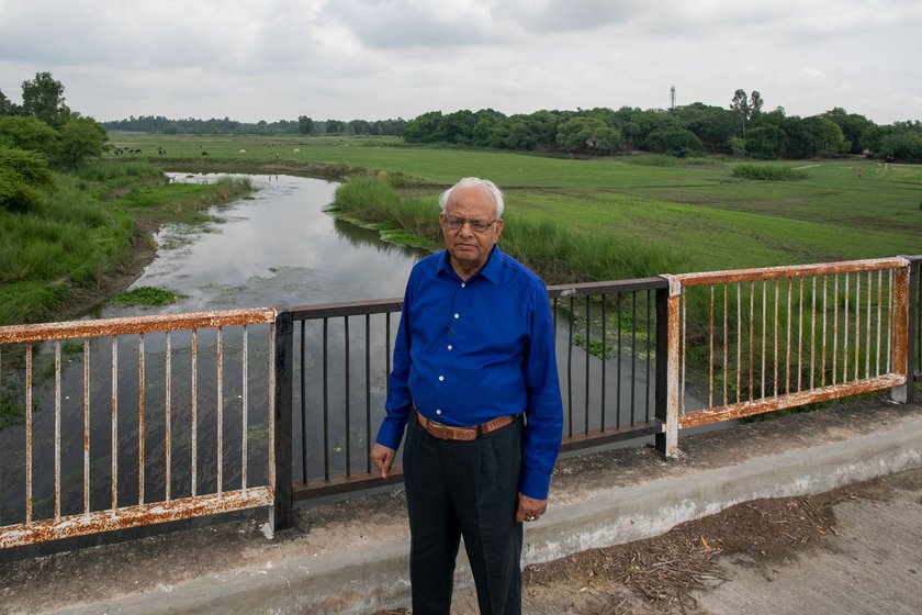 Left: Surendra Nath Awasthi standing on the bridge with the Sai river running below.