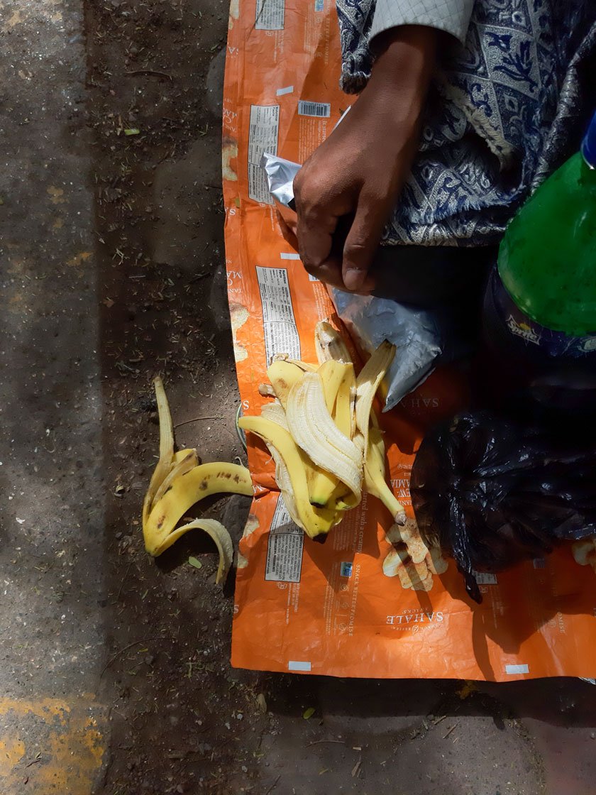 Left: Pills, ointments, gauze and bandage that belong to the cancer patients living on the footpath near the Tata Memorial Hospital. Right: Peels of bananas eaten by Surendra Ram, an oral cancer patient. Surendra survived on the fruit during the Janata Curfew on March 22