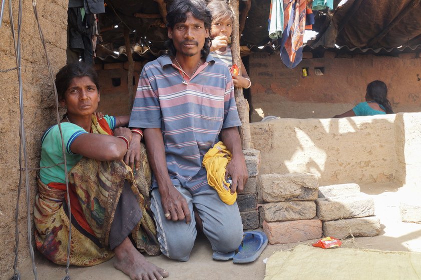 Left: Kuni Tamalia and son Jagannadh near their small home made with loosely stacked bricks. Right: Sumitra Pradhan, Gopal Raut and daughter Rinki 

