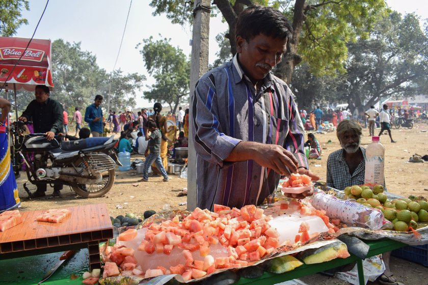 Left: 'Some are calling it ‘corona kaya’ [melon]', says Gudapuri Balaraju, loading his autorickshaw with watermelons in Vellidandupadu hamlet. Right: The decline in the trade in watermelon, in great demand in the summers, could hit even vendors

