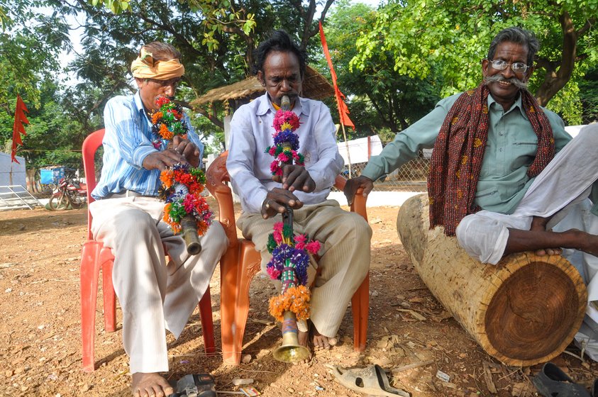 Left: Baans vaadak Babulal Yadav. Right: Babulal Yadav (middle) and Sahadev Yadav (right), who says, 'Now we get rarely any invitations'

