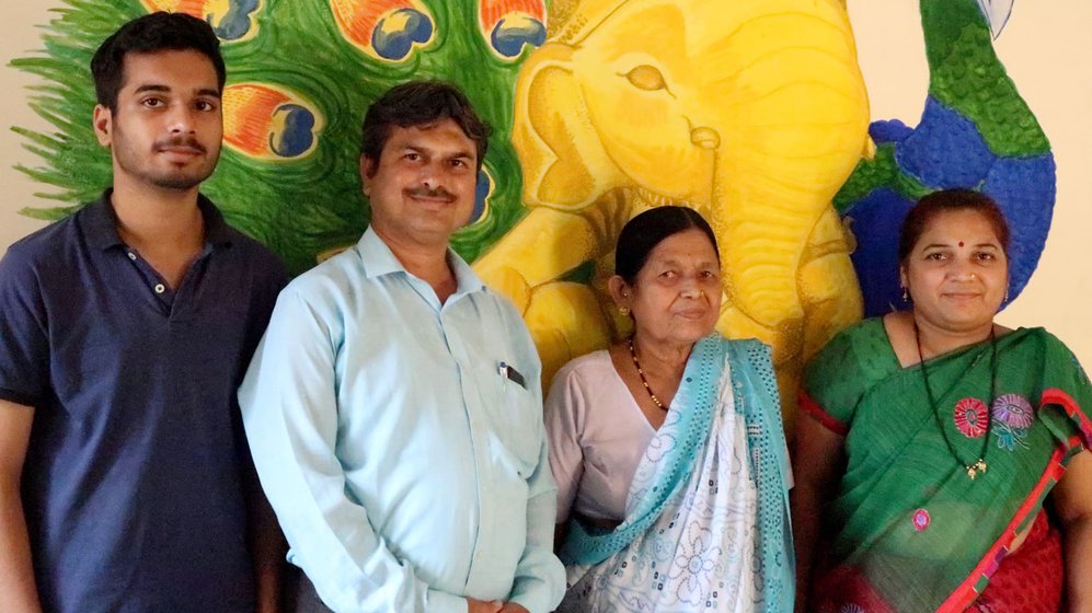 Left: Vijaya Maid at her son's home in Pune. Right: Vijayabai with her son Jitendra, daughter-in-law and grandson