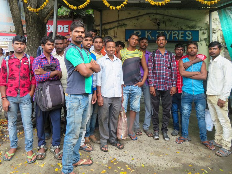 Left: When Raghu (standing behind his father Manish Pal) and his brother Sunny, moved with their parents from UP to Chennai to Maharashtra, at each stop, Raghu tried valiantly to go to school. Right: Manish and other migrant workers wait at labour nakas in Alibag every morning for contractors to hire them for daily wages