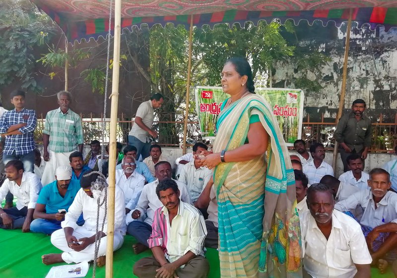 Left: A. Rambabu Naidu grows sugarcane in his 15 acres of land in Chittoor district. Right: Farm leader P. Hemalatha speaking at a dharna in Tirupati