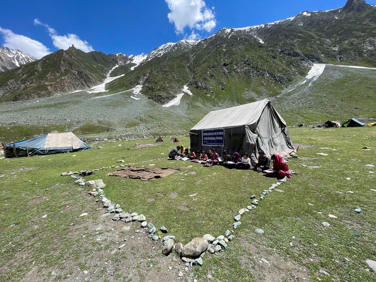 A Bakarwal settlement in Meenamarg, Kargil district of Ladakh. The children of pastoralists travel with their parents who migrate every year with their animals