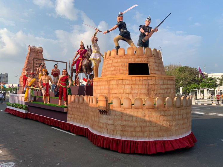 Tamil Nadu's tableau for the Republic Day parade, with Rani Velu Nachiyar (left), among others. The queen is an inspiration for Akshaya Krishnamoorthi