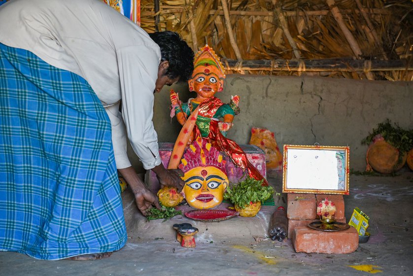 A kalasam (left) placed on neem leaves to symbolise Kanniamma in a temple (right) dedicated to her in Bangalamedu