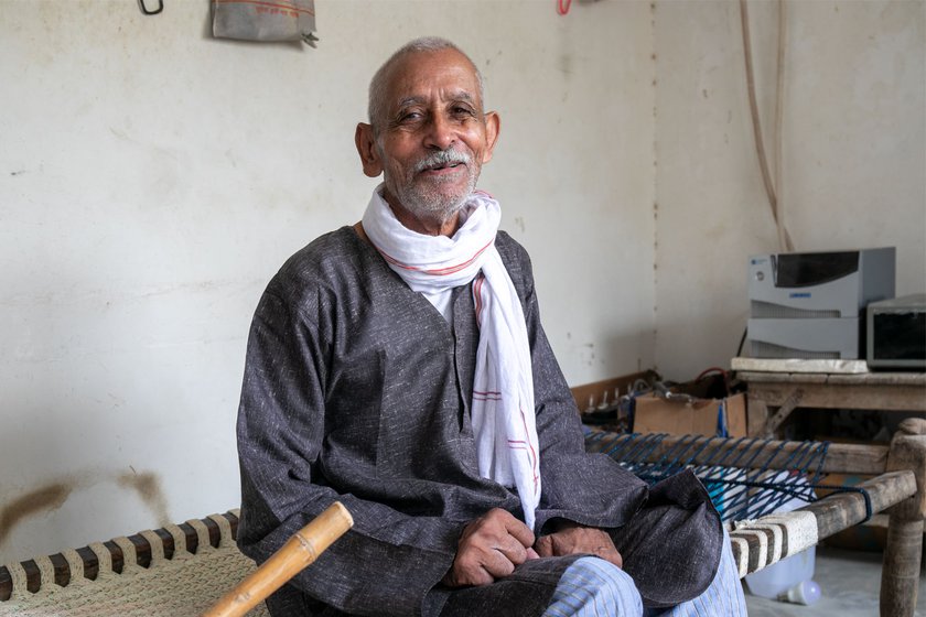 Right: Jagdish Prasad Tyagi in his home in Azad Nagar