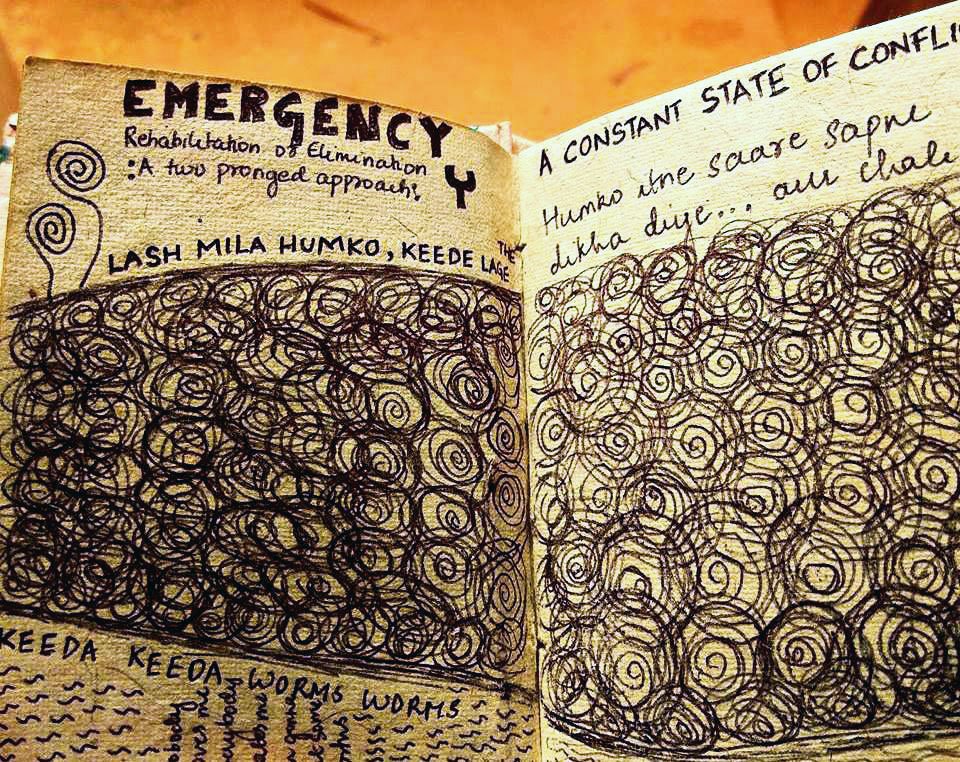 An open book with drawings