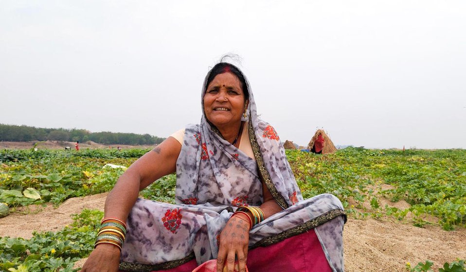 Right: Kunti Pane sitting in front of her farm