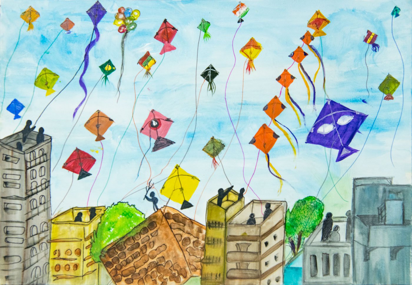 olourful kites decorate the sky on Uttarayan day in Gujarat. Illustration by Anushree Ramanathan and Rahul Ramanathan