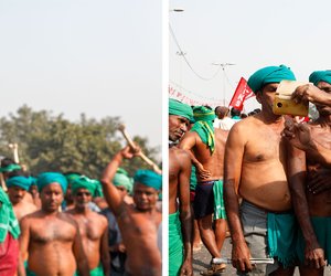 Left:A policeman swivels to point a video camera at the farmers behind as they raise their fists and shout slogans against the government.

Right: A few Tamil Nadu farmers gather to take a selfie, recording this historic moment.
