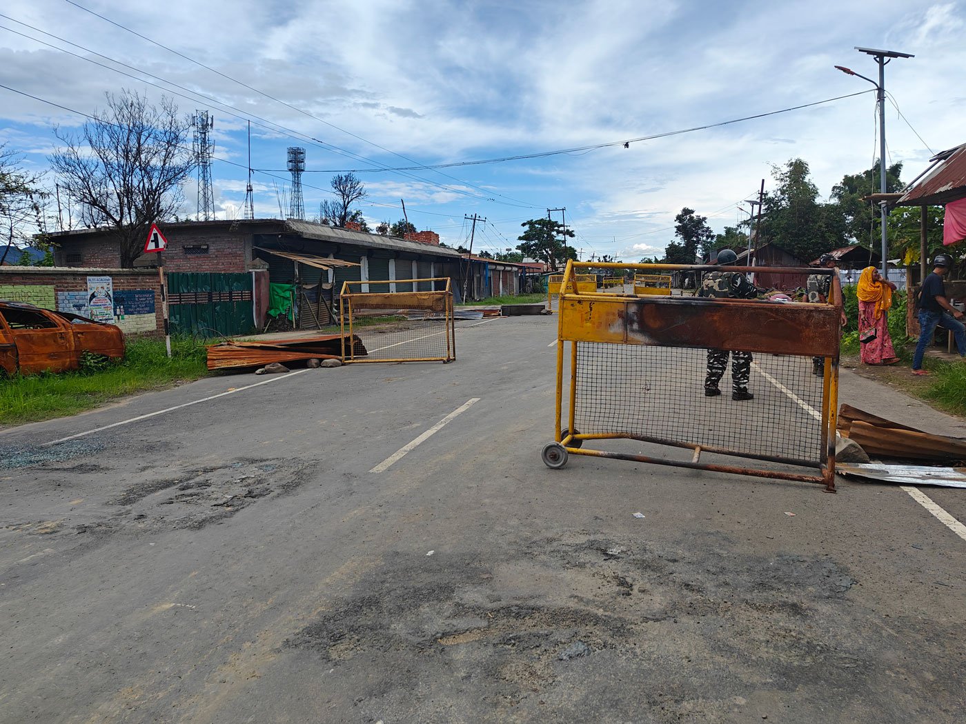 Barricades put up by paramilitary forces along the borders of Imphal and Churachandpur, Manipur