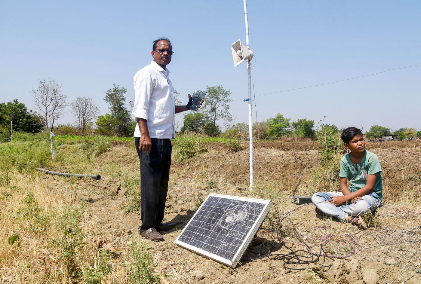 Renghe uses a mobile-operated solar-powered device that rings noises all through the night to deter the marauding wild animals