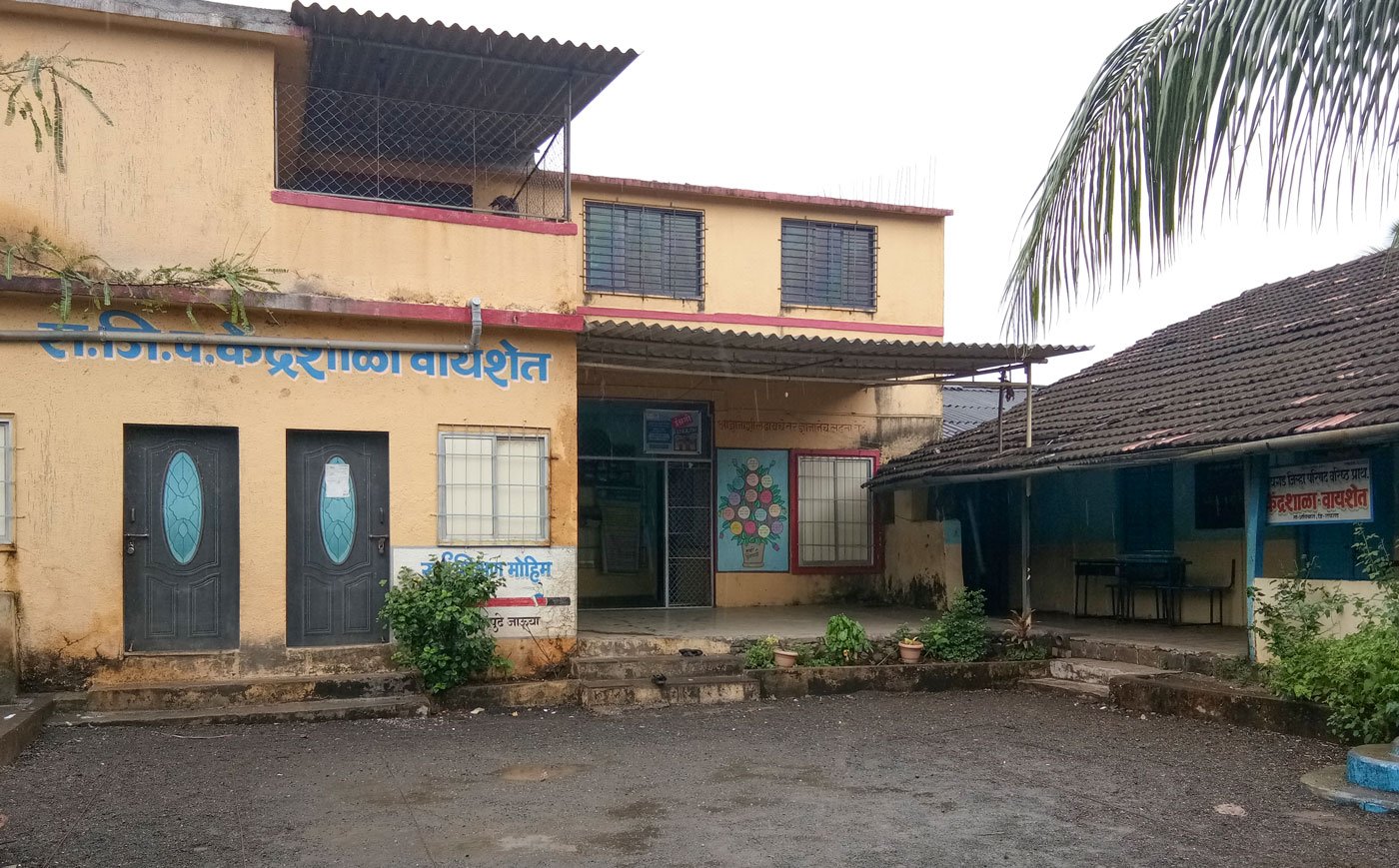 Left: The zilla parishad school in Vaishet that Raghu and Sunny attend, where half of the students are children of migrant parents. Right: At the government-aided Sudhagad Education Society in Kurul village, students learn Marathi by drawing pictures and describing what they see