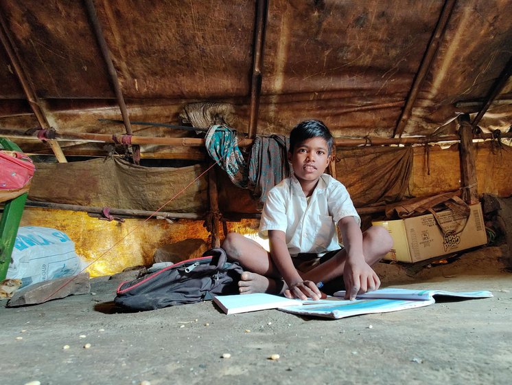 Vishal studying in his home (left) and outside the Alegaon Zilla Parishad school (right)