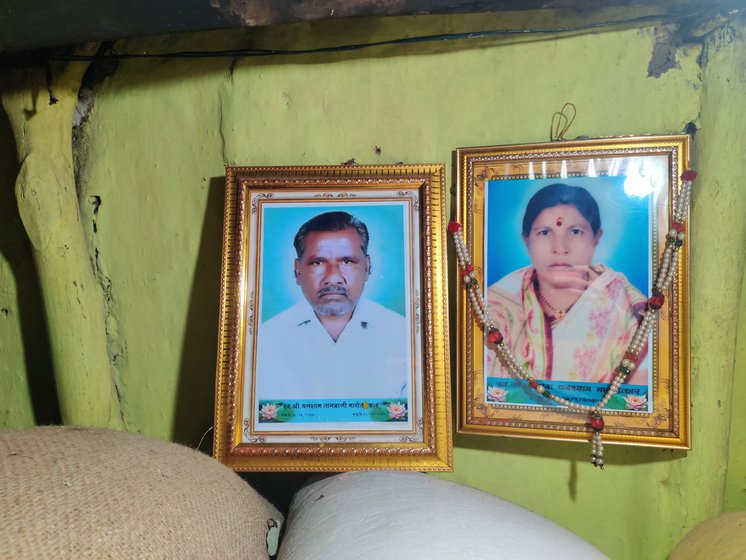 Left: Photos of Vijay's deceased parents Ghanshyam and Kalpana. Both of whom died because of severe anxiety and stress caused by erratic weather, crop losses, and mounting debts .