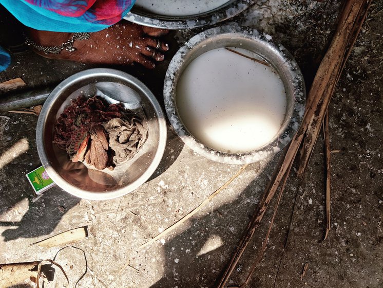Left: Rice batter and the cloths used to make pootharekulu.