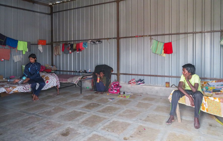 Left: Five female athletes share a small tin room with three beds in the Shri Samarth Athletics Sports Residential Academy.