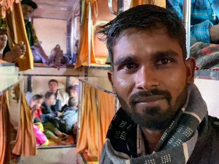 Left: Suresh Maida is from Kherda village and migrates multiple times a year, taking a bus from the Kushalgarh bus stand to cities in Gujarat.