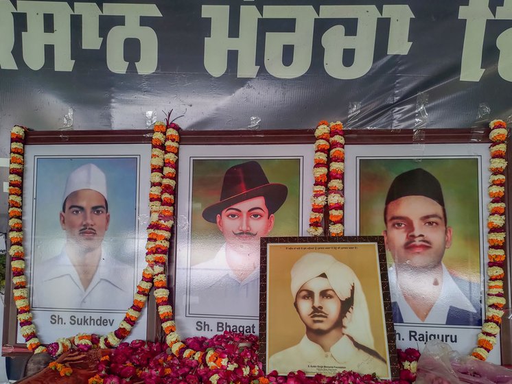 'Right now, I am emotional. We all are. I do not know what blood and bones these martyrs were made of', said Bhupender Singh Longowal. Left: Portraits of Sukhdev, Bhagat Singh and Rajguru at the Shahid Diwas event