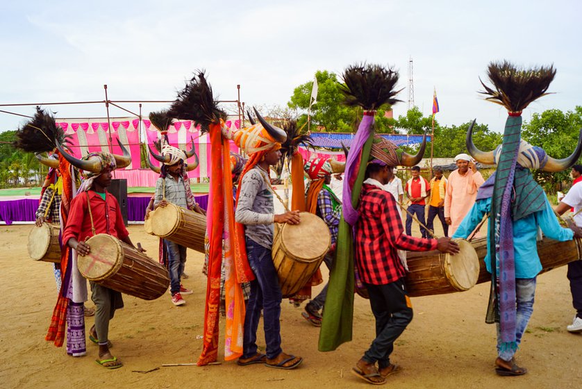 Dhol performers at a mela (right) in Chhattisgarh's Sukma district. Rampyari had set up his stall on both occasions