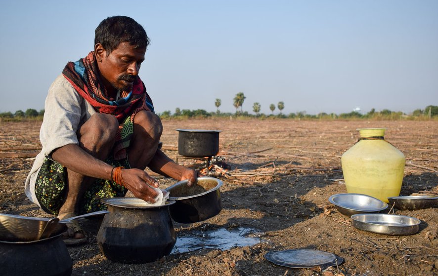 Left: Avula Mallesh and the other herders are not being allowed into the village to buy vegetables. Right: Tirupatiah preparing a meal with the rice, dal and vegetables given by the owner of the land where the flock was grazing  

