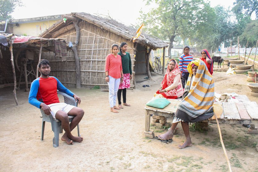 Gyanmati (left) in the courtyard of her house which lies in the vicinity of the Ram temple, and with her family (right). Son Rajan (in a blue t-shirt) is sitting on a chair