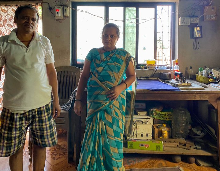 Left: Anita Raut, son Bhushan (centre) and nephew Gitesh: 'Our [ironing] business has shut down'. Right: Anil and Namrata Durgude: 'We are losing our daily income'