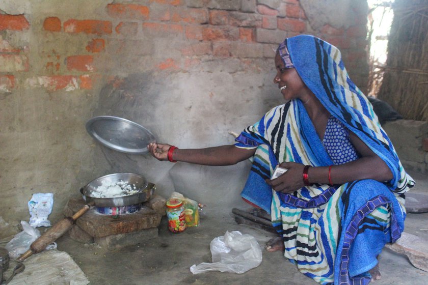 She cooks on a mud chulha in her hut. Most of the family’s meals comprise of rice with some salt or oil