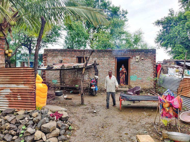 Left: A photo of Balaji Hattagale. He was 22 when he left home in November 2020. Right: Babasaheb and Sangita at home in Kadiwadgaon village