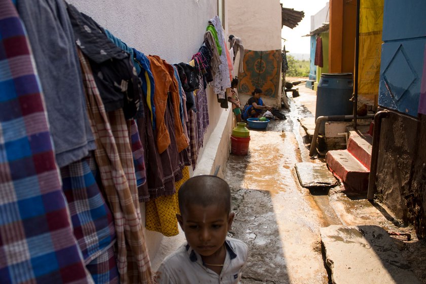 Most of the household chores, like washing clothes, are done in the narrow lanes of this colony because of a lack of space inside the homes here