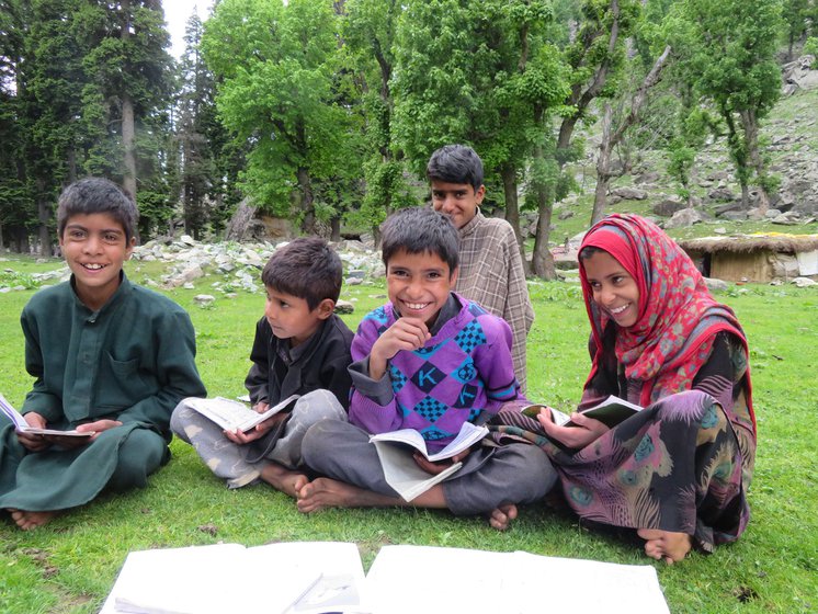 The Gujjar children (from left) Ejaz, Imran, Yasir, Shamima and Arif (behind) will rejoin their classmates back in school in Anantnag district when they descend with their parents and animals