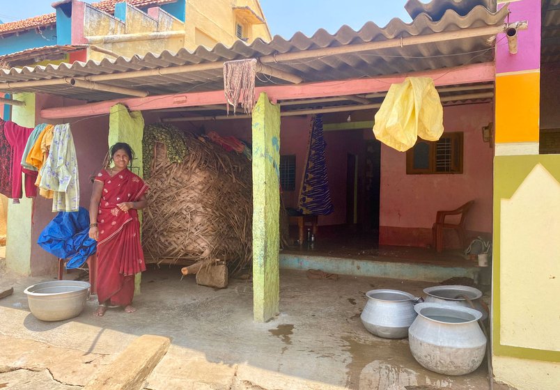 Left: This shack right in front of Pooja’s house is her home for 15 days along with her newborn baby. Right: Gangamma says, 'In our village, we have become lenient. In other [Kadugolla] villages, after delivery, a mother has to stay in a hut with the baby for more than two months'