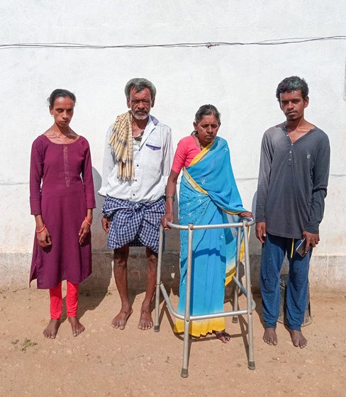 Right: (From left to right) Pavithra, Subbaiah, Mahadevamma and Abhishek in front of their home