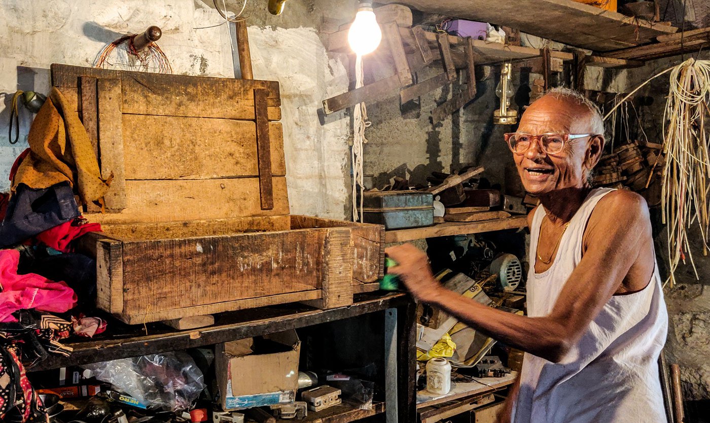 Bapu proudly shows off his collection of tools, a large part of which he inherited from his father, Krishna Sutar