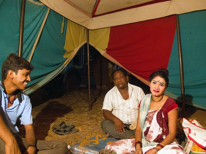 Sharda gets ready for the last performance of the season. Her husband Nagesh Khade (centre) is an actor in the vag natya and her son Sagar Khade is a percussionist