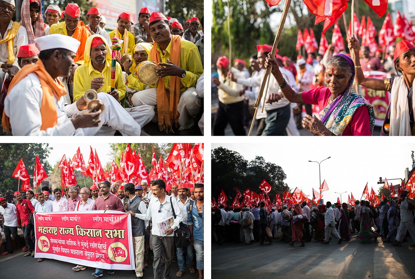 Top left - Three men singing and playing instruments. One of them is playing the cymbals. Men in red hats look on
Top right - An old woman dancing in front of people marching
Bottom left - Farmers marching holding red communist flags
Bottom right - Farmers marching holding red communist flags