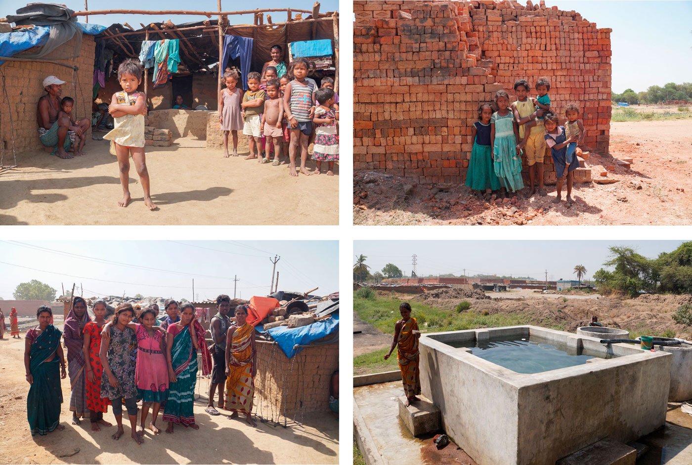 Children studied at the kiln's worksite school, which was shut during the lockdown. Bottom right: Kuni at the cement tank where the workers bathed and washed clothes, and filled water for drinking and cooking too 

