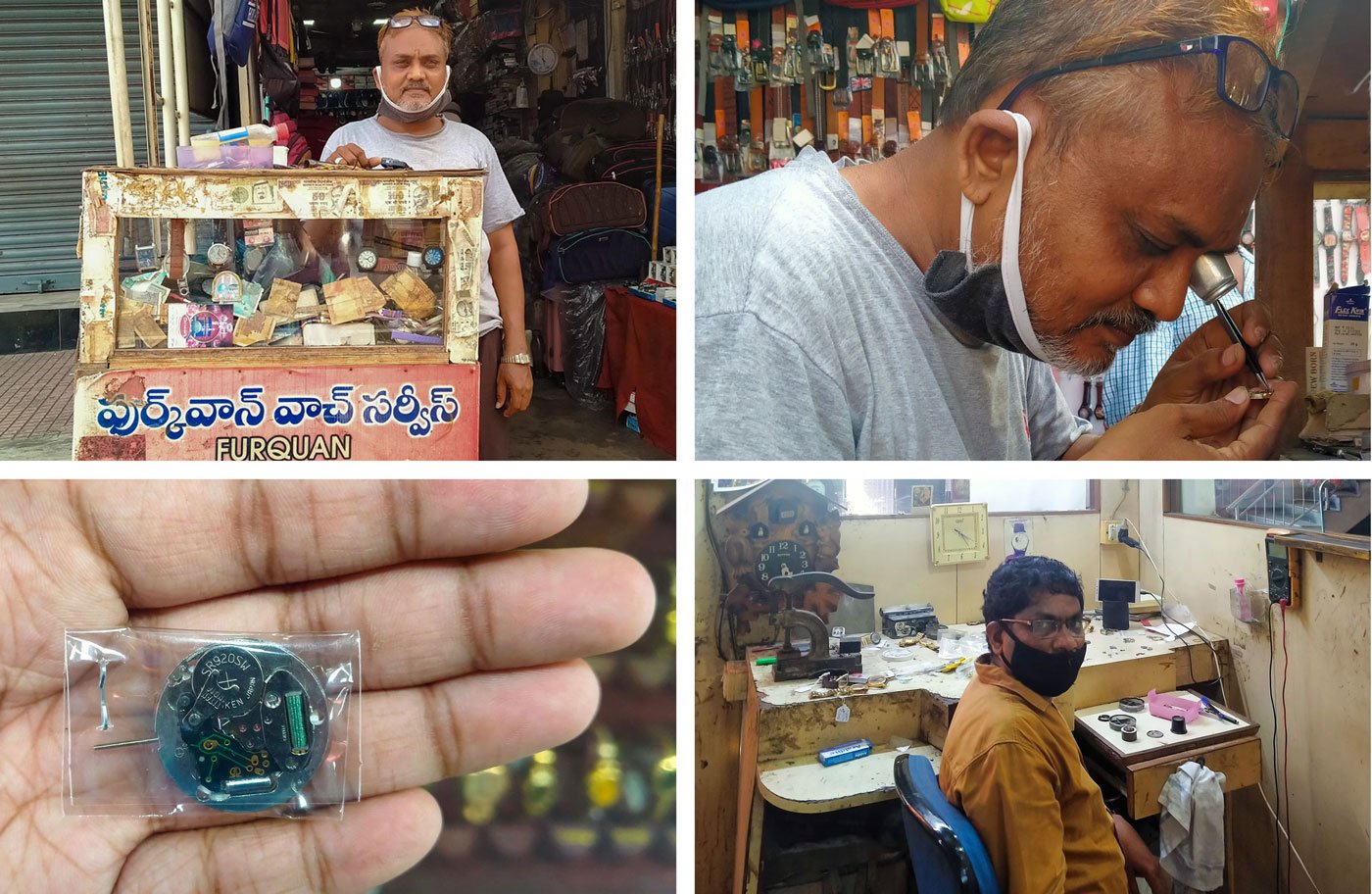 Mohammad Tajuddin (top row) used to work on about 20 watches a day, but he had hardly any to repair during the lockdown. S.K. Eliyaseen (bottom right) says, 'Perhaps some financial support would do, especially in these hard times' 