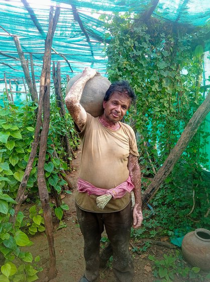Left: Prakash irrigates his field every three days using a pot.