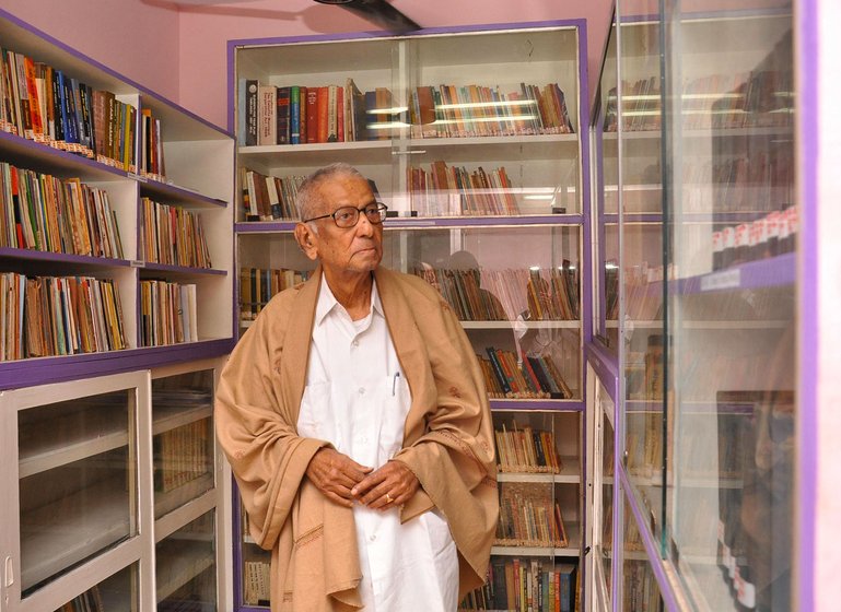 Left: Sankariah in his party office library in 2013 – he had just inaugurated it. Right: With his wife S. Navamani Ammal in 2014 on his 93rd birthday. Navamani Ammal passed away in 2016

