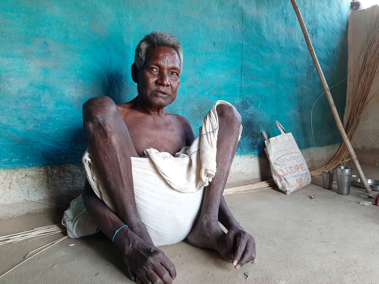 Left: Sunaram Kunjam sits alone in his mud home; he too is not receiving an old age pension.
