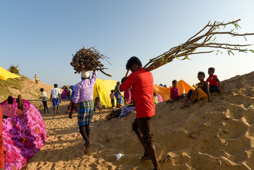 People taking firewood and stalks of branches (left) to build their temporary homes, and to cook food (right)