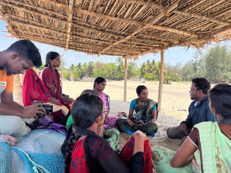 Fisherwomen in Nagapattinam (left) and Ganjam (right) during a photography class with Palani