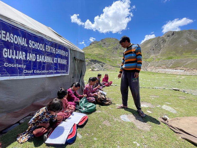 Left: Tariq Ahmad is a herder who was a teacher for 10 years. Here in Meenamarg he spends a few hours every day teaching children ages 3-10.