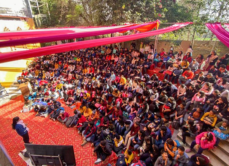 Left: PARI at the Chandigarh Children's Literature Festival, engaging with students on stories about people in rural India.